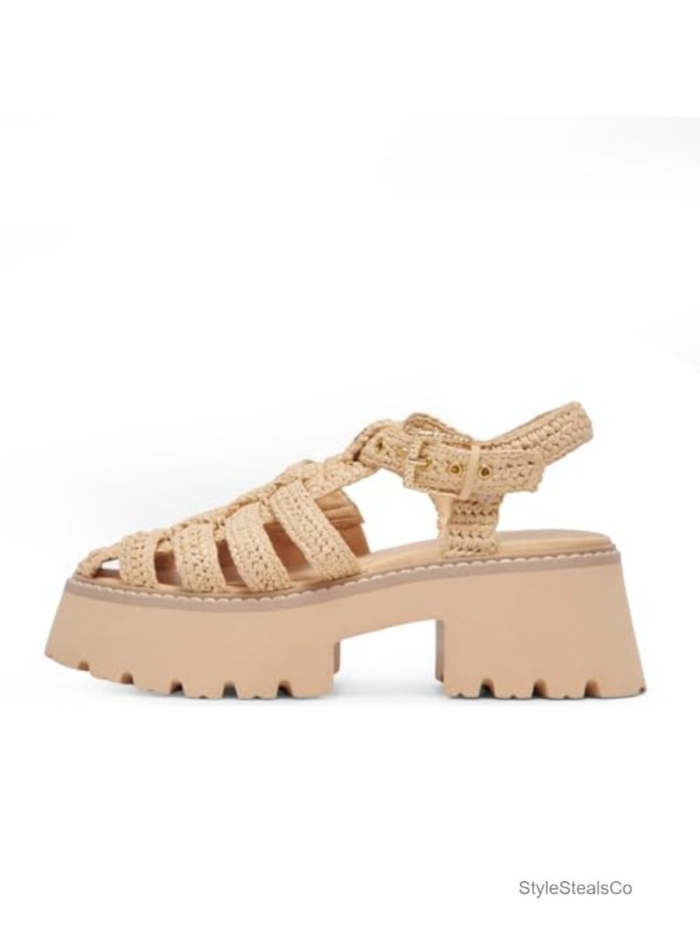Raffia Platform Sandals with Adjustable Buckle Strap Closed Toe Chunky